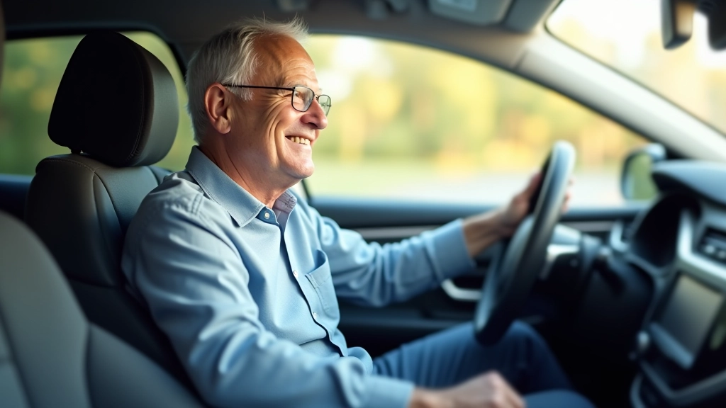 Seniora vadītājs baudē ergonomisko automobiļa interjeru