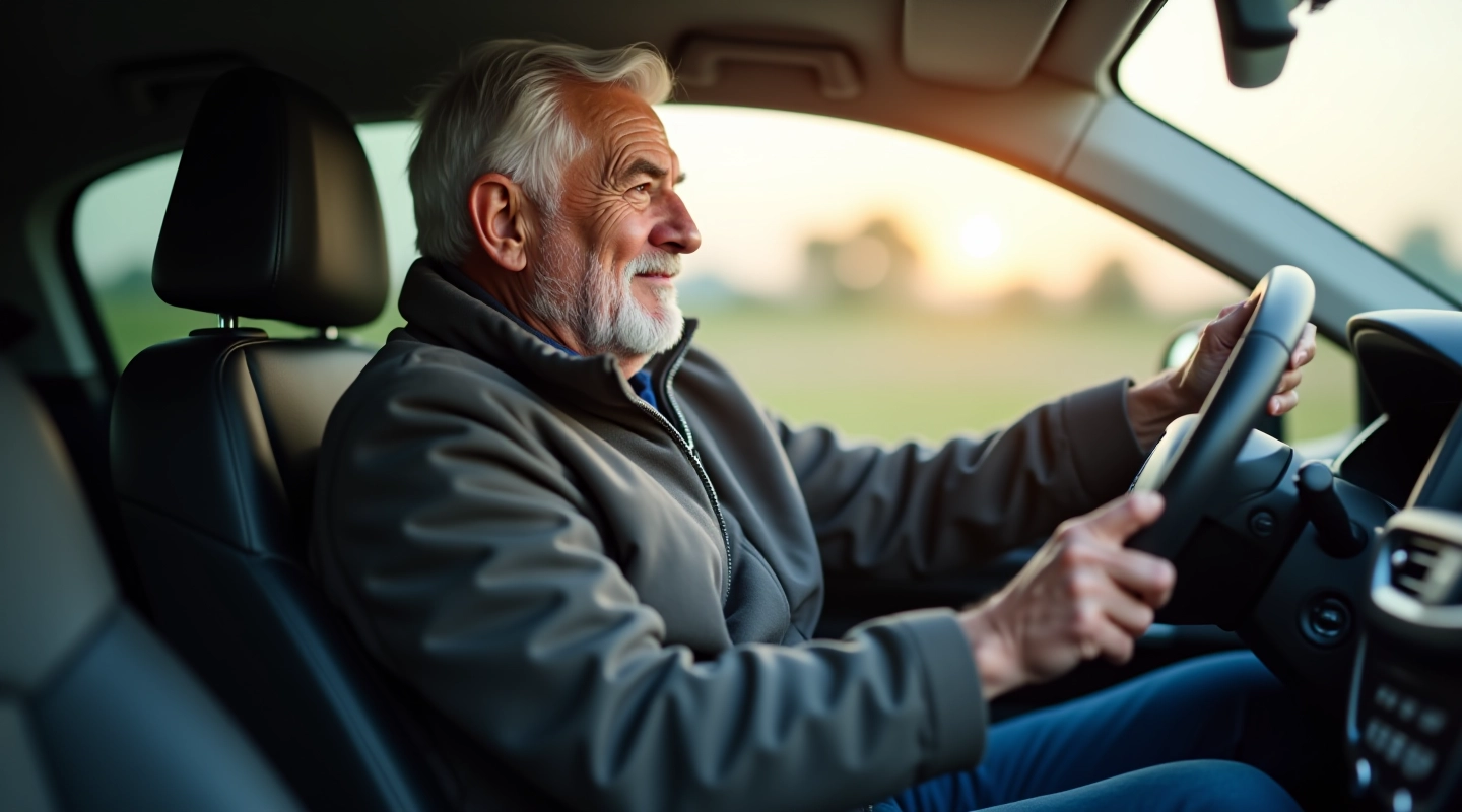 Pagyvenęs vairuotojas komfortabiliai sėdi modernaus automobilio salone, kuris turi lengvai prieinamą durų rankeną ir ergonominį sėdynę